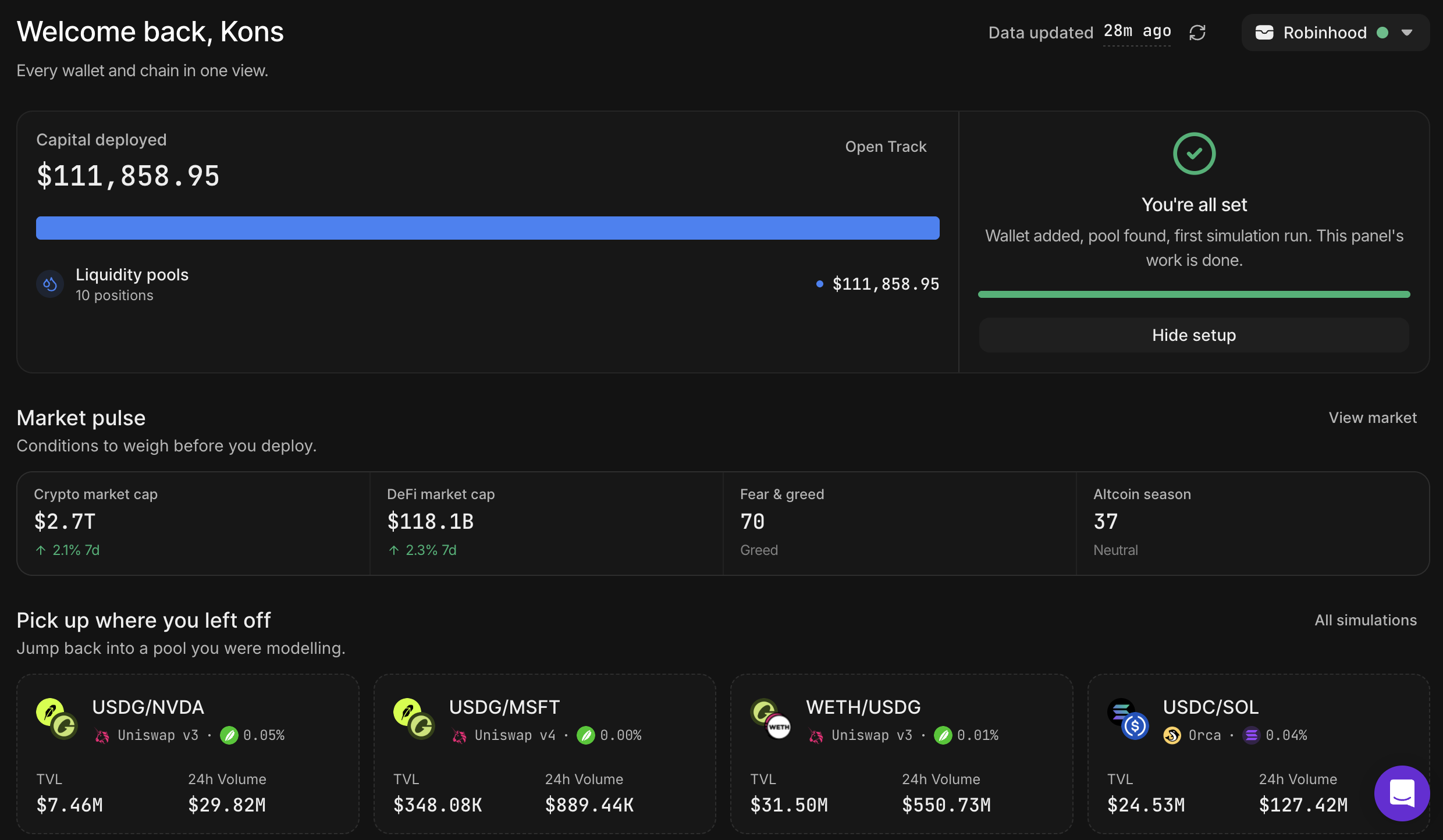 The Home page with capital deployed and the setup panel